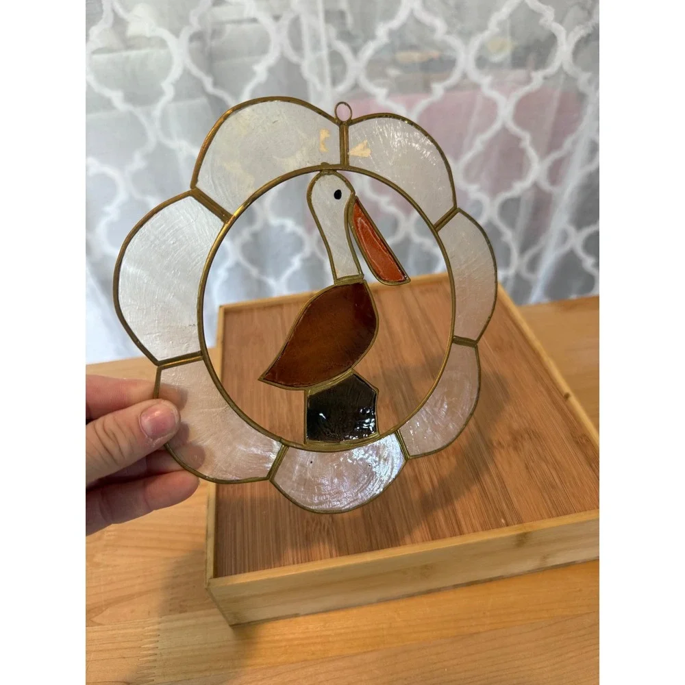 Vintage Stained Glass Pelican Suncatcher Capiz Shell Coastal Window Decor 6.25in